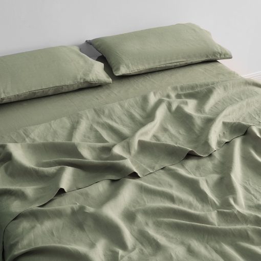 Juego de sabanas de lino europeo 100% puro - Juego de sabanas de cama Queen Size de 4 piezas - Transpirable para personas que duermen calientes y juego de ropa de cama duradero - 1 sabana encimera, 1 sabana ajustable, 2 fundas de almohada (Queen, Musgo) - Imagen 5