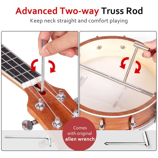 Banjolele, Banjolele de Viaje Sapele de 26 Pulgadas con 4 Cuerdas Lotmusic Remo Drumhead Open Back y Kit para Principiantes con Cuerda Extra Llave Allen Afinador Papel de Lija Regla y Bolsa - Imagen 4