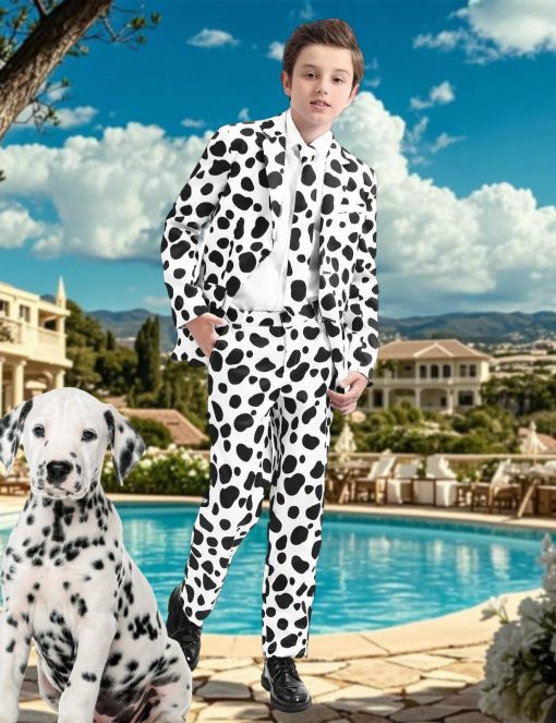 Traje de Lunares para Ninos A&J DESIGN Halloween Disfraz de Chaqueta Blazer Estampada de Animal Dalmata para Ninos Conjunto de Chaqueta, Pantalon y Corbata de perro manchado de Dalmatas 14 Anos - Imagen 2