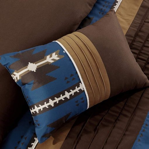 Juego de 7 Piezas de Edredon Tamaño King con Diseño Nativo Americano del Suroeste Occidental en Azul Marino Cafe Marron Cama en Bolsa Ropa de Cama - Makala (Azul Marino, King) - Imagen 4