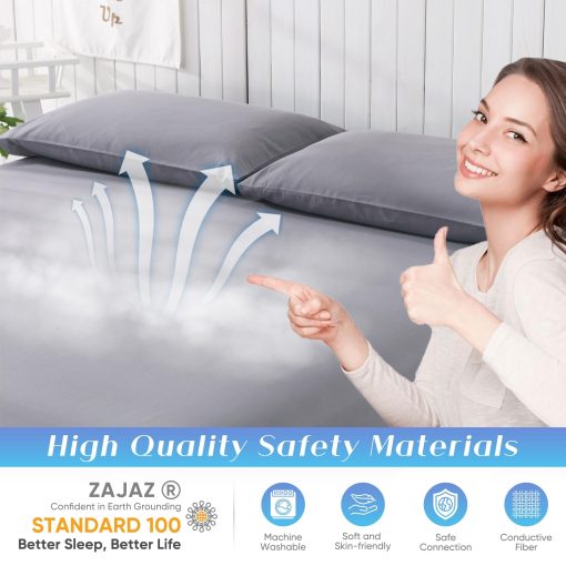 Sabanas de conexion a tierra tamaño queen, 95% algodon organico + 5% fibra de plata pura, sabana conectada a la tierra (queen - 60"x 80"x 13" gris) Sabanas terrenales ajustables con cable de tierra - Imagen 6