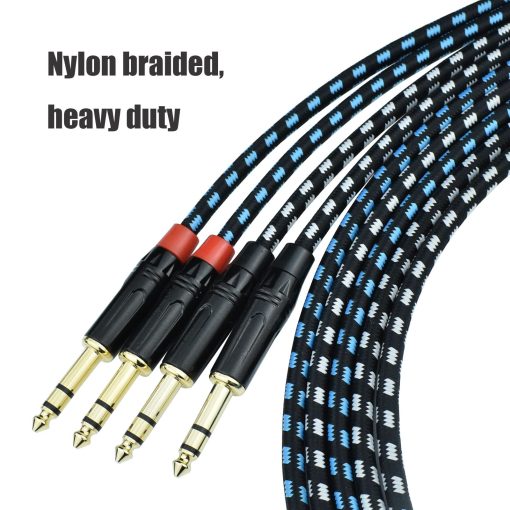 Cable de interconexion equilibrado Mugteeve de 1/4 pulgadas TRS a 1/4 pulgadas TRS, 10FT Cable de audio estereo de un cuarto de pulgada 6.35mm a 6.35mm, Trenzado de nailon resistente, para interfaz, mezcladora, altavoz - Paquete de 2 - Imagen 3