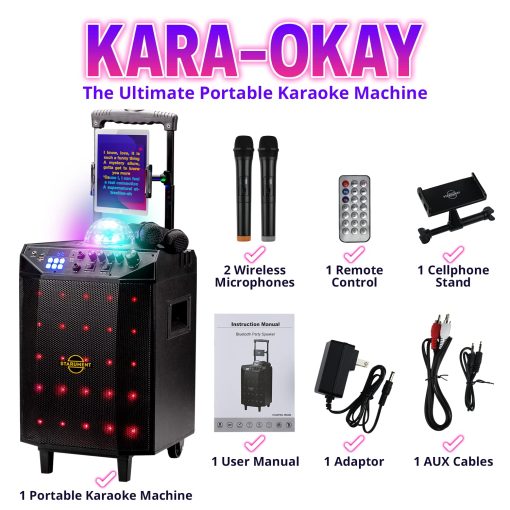 Maquina de Karaoke Portatil Starument para Adultos y Niños - Sistema Completo Incluye Altavoces Bluetooth, 2 Microfonos Bluetooth, Bola de Discoteca, Luz de Altavoz LED, Soporte para Telefono Celular y USB Aux - Imagen 2