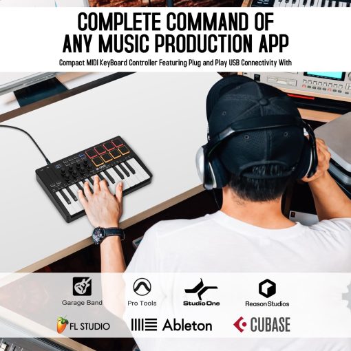Controlador de teclado MIDI USB de 25 teclas M-Wave con 8 pads de bateria retroiluminados, Bluetooth Semi Ponderado teclado profesional dinamico de 8 perillas y produccion musical, software incluido (clasico) K5 - Imagen 2