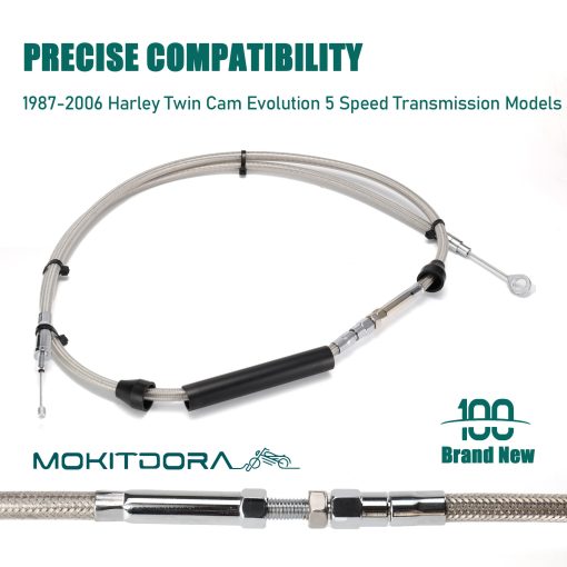 Cable de Embrague de Acero Inoxidable Trenzado MoKitDora +2" Extension Mejorado para Harley Twin Cam Evolution 5 Velocidades Transmision Dyna 1987-2006 y Modelos Touring Electra Glide 2002-2006, Cromo - Imagen 2