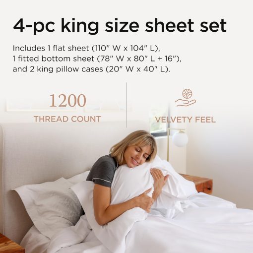 Juego de sabanas Threadmill 100% algodon Supima tamano King - 1200 hilos, juego de sabanas tamano King de 4 piezas, Sateen suave, sabanas de lujo ultra para cama, juego de sabanas tamano King de 17" de bolsillo profundo - Sabanas blancas - Imagen 2