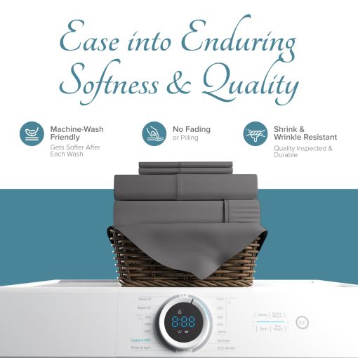 Juego de Sabanas Divididas para Cama Ajustable de Lino Carressa 100% Algodon Egipcio - 1000 Hilos 5 PC Top Split King para Cama Sleep Number, Sabanas Refrescantes, Se Ajusta a Colchon de hasta 18" - Gris Oscuro - Imagen 6