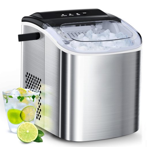 Maquina de Hielo de Acero Inoxidable Joy Pebble para Mostrador, 26Lbs/24H, 9 Cubos Listos en 6-8 Minutos, Maquina de Hielo Portatil con Autolimpieza y Asa, para Casa/Oficina/Bar (Plata)