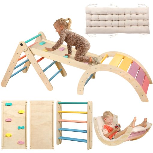 Set de Triangulo Pikler con Cojin, 7 en 1 Juguetes de Escalada para Ninos Pequenos en Interiores, Set de Escalada Montessori Plegable, Juguetes de Escalada de Madera para Ninos Pequenos de 1-3 Anos con Rampa, Arco y Escalera (Arcoiris)