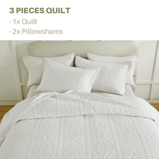 Juego de Edredon 100% Algodon PANGUSHAN Tamano King, Juego de Ropa de Cama con Patron de Bordado, Colcha Ligera de Estilo Granja, Blanco Beige Colcha Reversible para Cama King, 3 Piezas - Imagen 4