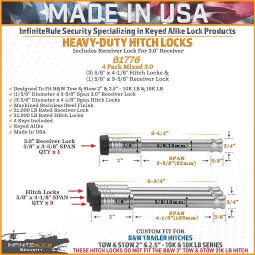 61776 | Juego de 4 Cerraduras para Enganche Mixtas 3.0, Llave unica, para B&W 2.0" y 2.5" Tow & Stow 10K LB & 18K LB - Incluye Candado para Receptor 3.0" - Imagen 4