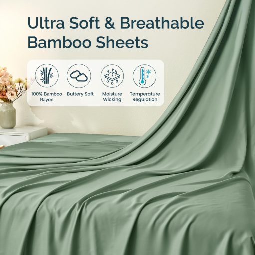 Juego de sabanas tamano Queen GOKOTTA de 4 piezas, 100% Rayon derivado del Bambu, Refrigerante para quienes duermen calientes - Sabanas lujosas de seda transpirables, Bolsillo profundo de hasta 16" - Doble costura duradera - Imagen 2