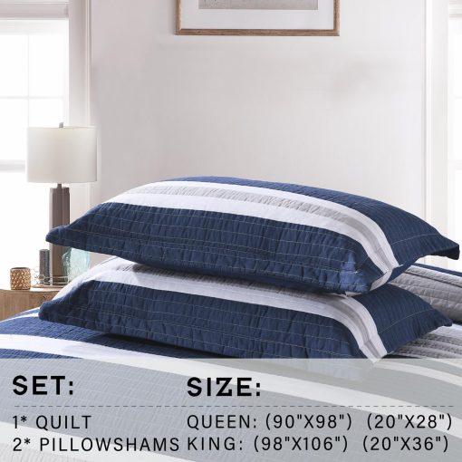 Edredon Queen Size a rayas azul marino PERHOM, Edredon Queen de algodon 100% con 2 fundas, Colchas/Colcha/Conjunto de ropa de cama Queen ligero para todas las estaciones, 3 piezas - Imagen 7