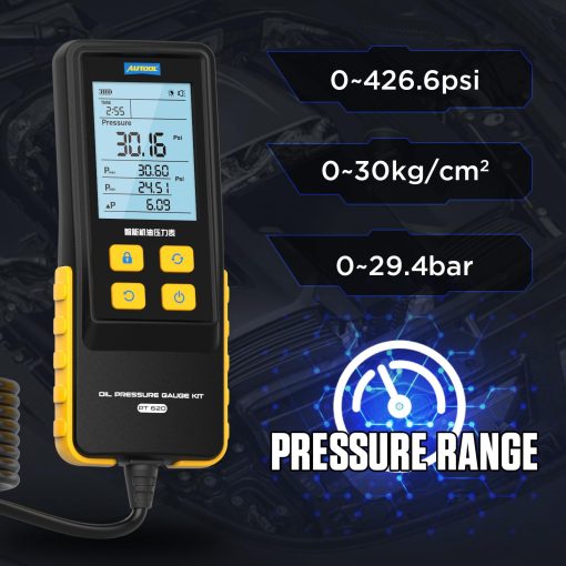 AUTOOL Probador de Presion de Aceite, Manometro Digital de Presion de Aceite, Kit de Herramientas de Diagnostico de Prueba de Presion de Aceite del Motor de 0-426 PSI 0~29bar con Manguera de Prueba y 17 Conectores, Pantalla Retroiluminada - Imagen 2