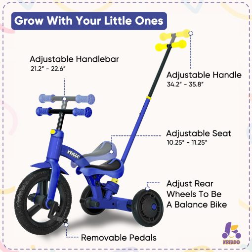 Triciclo KRIDDO 4 en 1 para ninos de 1.5 a 3 anos con manillar de direccion para padres, rueda delantera de 12 pulgadas, bicicleta de equilibrio para ninos de 18 meses a 3 anos, altura ajustable, azul - Imagen 5