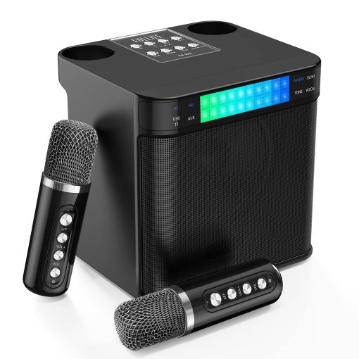 Maquina de Karaoke para Ninos/Adultos, FULLIFE 2024 Altavoz Portatil Bluetooth PA Sistema con 2 Microfonos Inalambricos, Luz LED Colorida Que Cambia, Set de Karaoke para Fiestas en Casa, Interiores