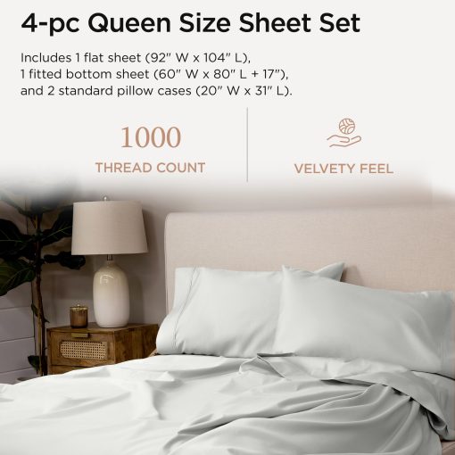 Juego de Sabanas de Algodon Supima Threadmill Luxury, Juego de Sabanas de Algodon Suave de 1000 Hilos para Cama Queen, Juego de Sabanas Grises Claro para Cama Queen de 4 Piezas, Calidad de Hotel 5 Estrellas Juego de Sabanas de Bolsillo Profundo - Imagen 2
