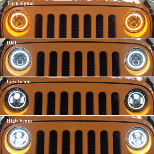 Par de Faros Redondos LED de Proyeccion de 7" con Anillo de Halo Blanco DRL Luz de Giro ambar con Kit de Lampara de Haz Alto y Bajo para Jeep Wrangler Jk TJ LJ Rubicon Sahara Willys Hummer H1 H2 - Imagen 7