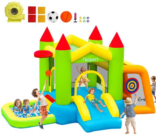 Casa Inflable con Tobogan FBSPORT para Ninos, Castillo Saltarin con Parque de Pelotas, area de Salto y Futbol, Lanzamiento de Sacos de Arena, Disparo de Pelotas, Aro de Baloncesto para Uso Interior y Exterior