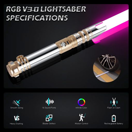 Sable de Luz de Duelo Suave, Infinito RGB 16 Colores Cambiables con 16 Sonidos y Control de Movimiento | Sable de Luz de Aluminio Premium para Adultos Adolescentes Resistente, Dorado - Imagen 2