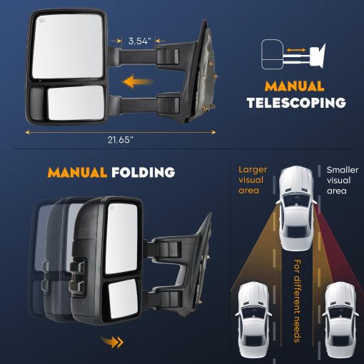 Espejos de Remolque para Ford F-250 F-350 Super Duty 1999-2007 con Funcion de Plegado Manual Telescopico y Senal de Giro (1 Par) - Imagen 2