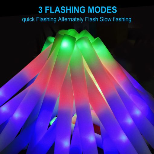 Blu7ive 100 + 2 Pack Palos Luminosos de Espuma a Granel, Paquete de Fiestas, Suministros de Fiesta, 3 Modos de Destello Glow in The Dark, Palos Luminosos para Bodas Raves Acampadas al Aire Libre - Imagen 3
