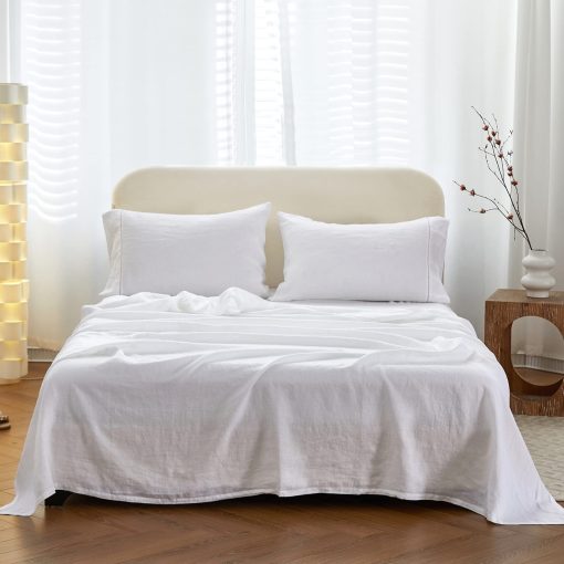 Juego de Sabanas Simple&Opulence 100% Lino con Ribete de Ovillos - 4 Piezas de Sabanas de Cama de Lino Europeo Puro Lavado (1 Sabana Plana, 1 Sabana Ajustable, 2 Fundas de Almohada) - Transpirable y Suave (Blanco Ovillos, King)