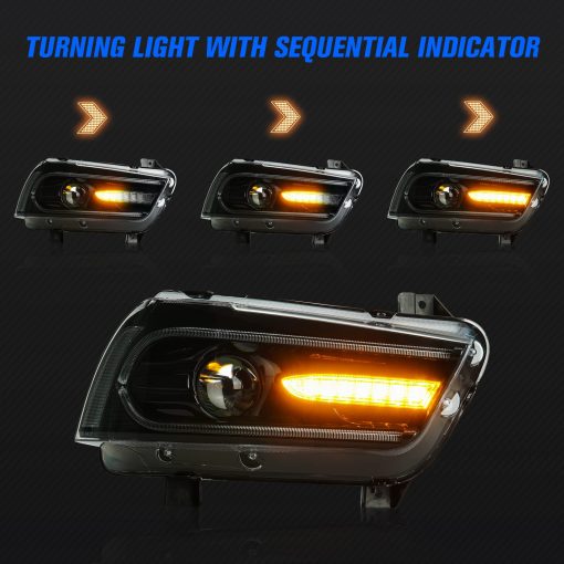 Conjunto de faros delanteros de proyector dual Gubebaili para Dodge Charger R/T Pursuit SRT8 SXT Plus 2011-2014, lampara delantera LED con luces diurnas DRL y senales de giro secuenciales, lente clara - Imagen 3