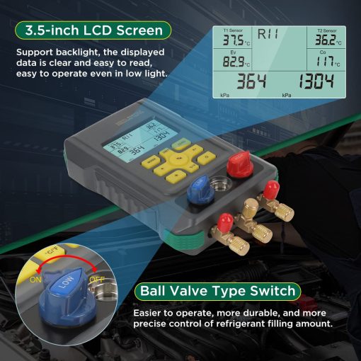 Juego de Manifolds Digitales para Aire Acondicionado CMTOOL para 93 Refrigerantes Juego de Manometros de Presion de Aire Acondicionado R134A R22 R12 R410A R1234YF Kit de Recarga de Refrigerante para Refrigeracion Digital - Imagen 6