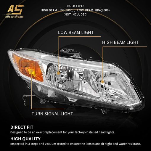 Conjunto de Faros Delanteros Compatible con Honda Civic 2012 2013 2014 2015 4 Puertas Sedan/ 2012 2013 Honda Civic 2 Puertas Coupe Carcasa Cromada Lado del Pasajero y del Conductor OEM# 33150-TR0-A01/33100-TR0-A01 - Imagen 4