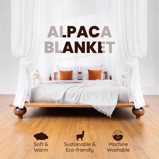 Manta de Lana de Alpaca Inkari I 83" x 55" I Super Suave Manta de Lana Hecha de Alpaca y Lana Merino para Sofa y Cama (Espina de Pescado-Plata) - Imagen 4