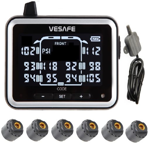 VESAFE TPMS, Sistema de Monitoreo de Presion de Neumaticos Inalambrico para RV, Remolque, Autobus, Casa Rodante, Quinta Rueda, Incluyendo 6 sensores antirrobo.