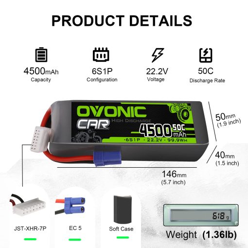 Bateria Lipo OVONIC 6S 22.2V 50C 4500mAh RC Lipo EC5 Enchufe Estuche Blando para Drone de Clase X Carreras 70MM 8MM 90MM EDF Quadricoptero Avion Helicoptero Coche Camion (Paquete de 2) - Imagen 2