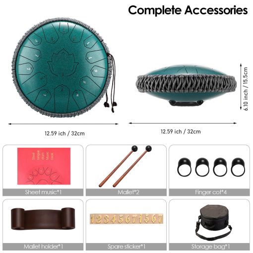 Konrisa Steel Tongue Drum 13 Pulgadas 15 Notas Do Mayor, Instrumentos Musicales de Percusion de Tambor de Acero Meditacion Yoga Zen Drum, Tambores Mano Pan para Adultos con Mazos de Tambor y Bolsa de Transporte (Verde) - Imagen 6
