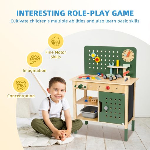 Banco de herramientas para ninos OOOK, Juguetes de construccion de madera para ninos de 3 4 5, Banco de trabajo Montessori para ninos con juego de herramientas para ninos pequenos para jugar de mentira, Banco de herramientas para ninos de 3 a 5 anos, El mejor regalo para ninos y ninas, Verde - Imagen 3