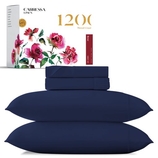 Juego de Sabanas 100% Algodon Egipcio Carressa Linen Tamano Cal King - 1200 Hilos 4 Piezas, Sabanas de Algodon Egipcio Cal King, Sabanas de Saten Refrescantes, Sabanas de Alta Cantidad de Hilos Cal King - Azul Marino