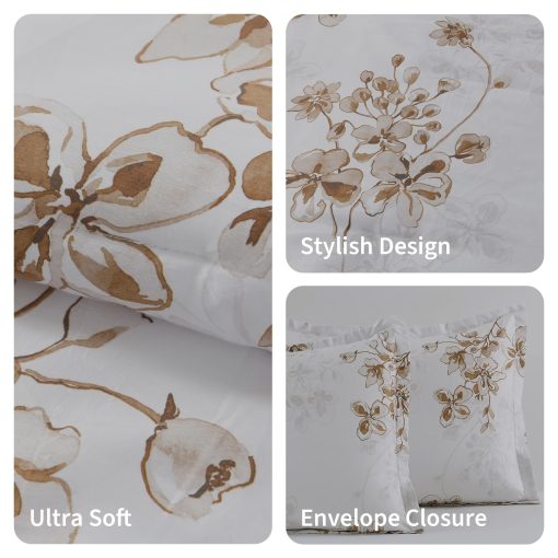 Juego de Edredon King Size PANGUSHAN, Edredon Acolchado de Algodon Floral Esponjoso para Cama King, Set de Cama de Lujo, Todas las Estaciones, Alternativa al Plumon, 3 Piezas, Blanco/Marron - Imagen 6