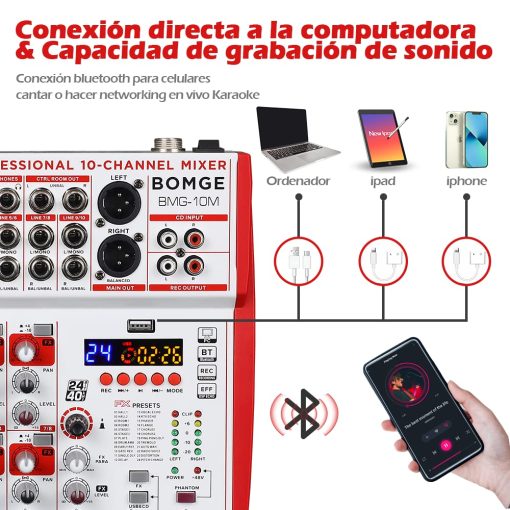Mezcladora de sonido BOMGE de 10 entradas con preamplificadores de microfono y compresores, 24DSP, bluetooth, Alimentacion 48V, EQ britanico e Interfaz USB/Audio para grabacion, karaoke y podcast. (10M-10 Canales) - Imagen 2