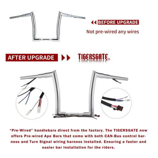 TIGERSGATE PRE-WIRED 12 pulgadas Meathook Monkey Bar Diablo Ape Hangers para Harley 14-22 Sportster XL 12-17 Dyna Softail (Cromo) - Imagen 4