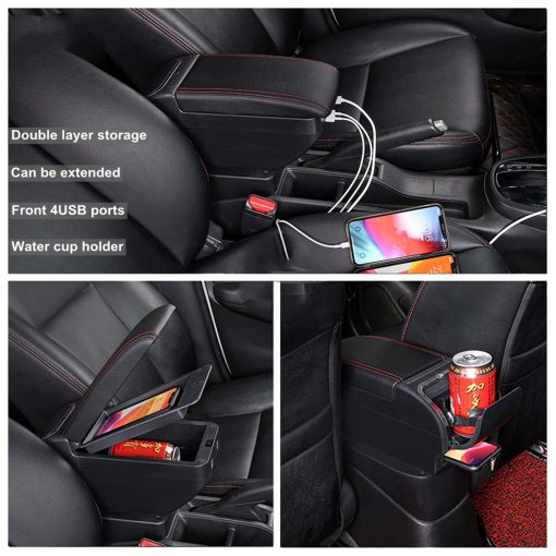 YJYWZH para Mitsubishi Mirage Attrage 2014-2024 Caja de reposabrazos Consola central Caja de almacenamiento manual Consolas centrales con 4 puerto USB Portavasos Reposabrazos Doble capa Negro (4 USB Negro con hilo rojo) - Imagen 6