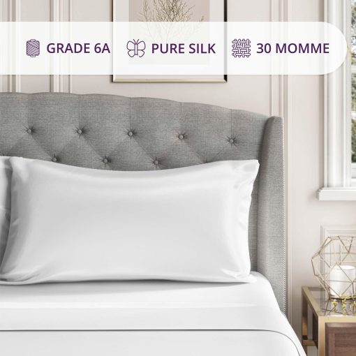 Funda de Almohada de Seda Mulberry Park 30 Momme - Funda de Almohada de Seda Pura para Cabello y Piel, Seda Real de Morera de Grado 6A Tejido Charmeuse Funda de Almohada para Noches de Lujo - 1 Pieza Blanco (King 20'' x 36'') - Imagen 5