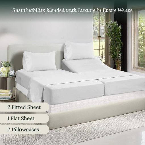 Juego de sabanas Split King para cama ajustable - 5 piezas | 1000 hilos de algodon egipcio | Juego de sabanas de lujo de hotel 100% egipcio para mujeres y hombres, hasta 17" de bolsillo profundo - Sabanas Split King blancas - Imagen 2