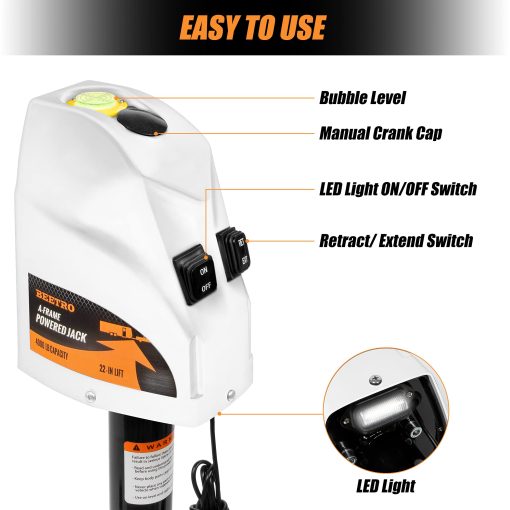Gato de Lengüeta Electrico BEETRO 4000 lbs, Gato de Remolque Resistente para Remolques de A-Frame, Carga y Utilitarios o RV de 5ta Rueda, 22" de Elevacion, 12V DC, Blanco - Imagen 4