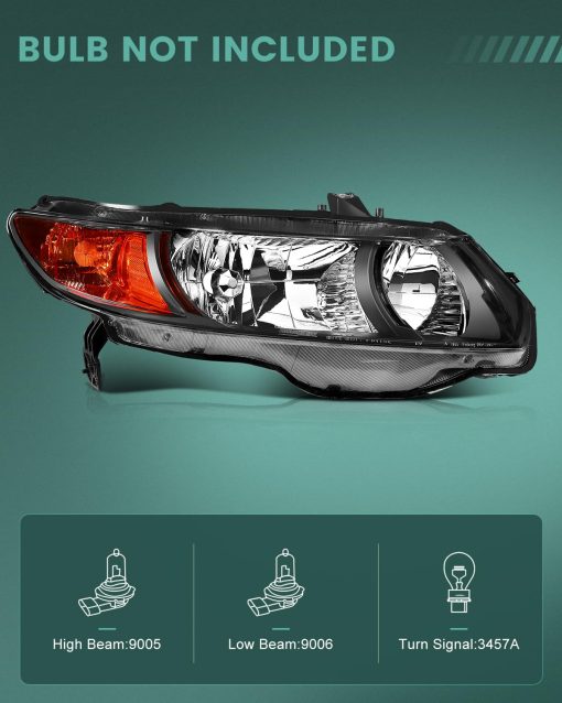 Faros SCITOO Para Honda Civic 2 Puertas Coupe 2006-2011 Carcasas Negras Reflector ambar Lente Clara Lado del Conductor y del Pasajero - Imagen 2