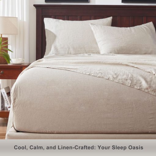 Juego de sabanas de lino puro TOSMO, 100% lino natural frances Juego de ropa de cama 4 piezas (Queen, 1 sabana plana, 1 sabana ajustable, 2 fundas de almohada) - Lino natural - Imagen 6