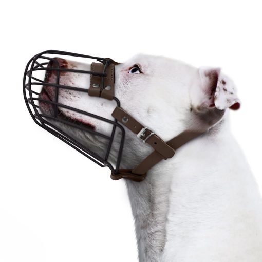 Bozal de metal transpirable para perros Pitbull con cesta para perros grandes Amstaff Staffordshire Terrier Mascara segura de alambre ajustable Correas de cuero duraderas para morder ladrar (Marron) - Imagen 8