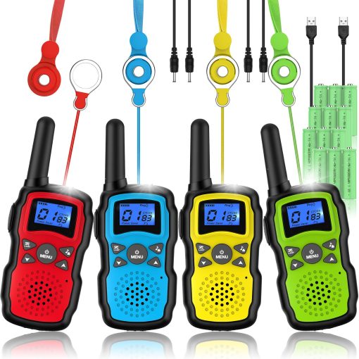 Walkie Talkies para Ninos Recargables de Largo Alcance, Regalo de Navidad Cumpleanos para Ninos Ninas de 4 5 6 7 8 9 10 Anos, Equipo de Camping Senderismo Juegos Juguetes con linterna, VOX, Facil de Usar, Paquete de 4