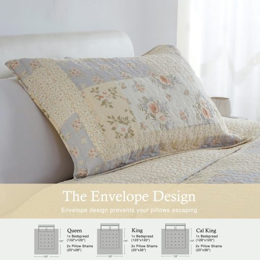 Colcha QuiltMuse Tamano King Extremadamente Grande 120"x120" - Cubrecama King de Algodon 100% Ligero con 2 Fundas de Almohada, Colcha Extra Grande Reversible con Estampado Floral para King/Cal King, Beige - Imagen 4