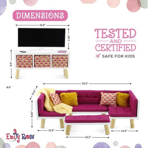 Emily Rose Nuevo Sofa Cama Seccional/Sala de Estar de Madera Rosa de 18" para Munecas con Unidad de Entretenimiento con TV, Chimenea Falsa, Bins de Almacenamiento y Revistas | Set de Muebles para Munecas de 14"-19" - Imagen 8