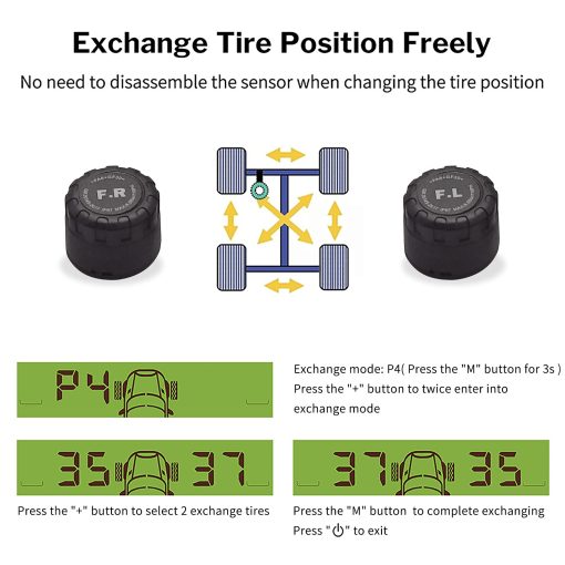 Sistema de monitoreo de presion de neumaticos TPMS, 0-116 Psi, con 6 modos de alarma, intercambio de posicion de neumaticos, valor de presion frontal / trasera ajustable por el usuario, temperatura y humedad, carga solar y magnetica para automoviles de 4 ruedas - Imagen 8